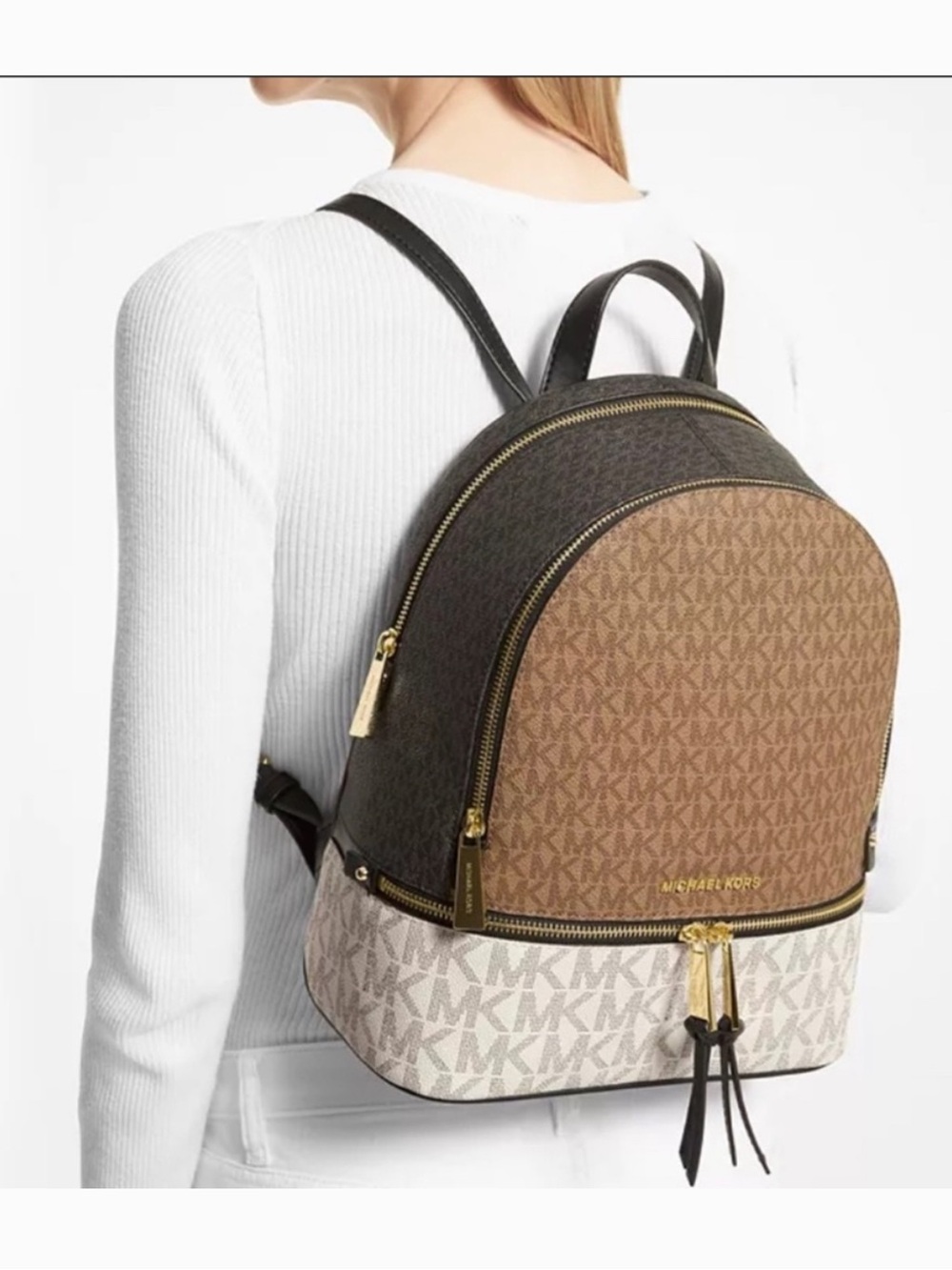 Michael Kors Two-Tone Brown and Gold Backpack - Picture 12 of 12
